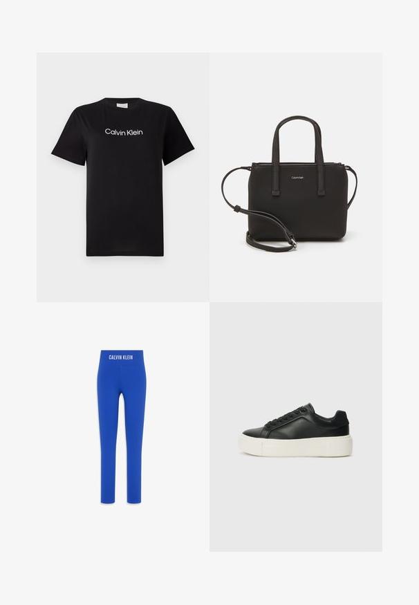 Črna bombažna majica s kratkimi rokavi, z belim logotipom "Calvin Klein" natisnjenim čez prsa. Klasična zasnova s krožnim izrezom.; Modre legice z gladkim, elastičnim materialom in visokim pasom, ki na vrhu nosijo belo "CALVIN KLEIN" logo.; Črne usnjene superge z zaobljenim prstom, belim platformskim podplatom in črnimi vezalkami. Imajo subtilen logotip na peti in gladko teksturo.; Črna torbica z dvema kratkima ročajema in odstranljivim naramnim trakom. Gladek usnju podoben material z zadrgo in podrobnostmi z logotipom.
