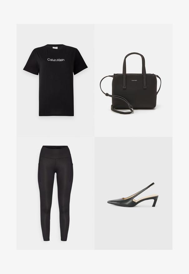 Schwarzes Baumwoll-T-Shirt mit kurzen Ärmeln, mit einem weißen Logo "Calvin Klein", das quer über die Brust gedruckt ist. Klassisches Rundhalsausschnitt-Design.; Schwarze Leggings mit hohem Bund, ausgestattet mit zwei Seitentaschen und einer glatten, elastischen Textur. Entwickelt für Komfort und Bewegungsfreiheit.; Schwarzer spitz zulaufender Slingback-Schuh mit niedrigem Absatz, der aus glattem Leder gefertigt ist und seitliche Ausschnitte für Atmungsaktivität aufweist.; Schwarze Handtasche mit zwei kurzen, doppelt geflochtenen Griffen und einem abnehmbaren Schulterriemen. Glattes, lederähnliches Material mit einem Reißverschluss und Logodetail.