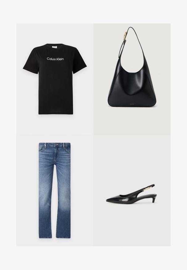 Black cotton t-shirt with short sleeves, featuring a white logo "Calvin Klein" printed across the chest. Classic crew neck design.; Blue denim jeans with a straight cut, featuring a faded design, five pockets, and silver-toned hardware at the waistband.; Black leather slingback heels with a pointed toe, featuring a slim heel and a gold-tone accent on the adjustable strap. Smooth texture.; Black leather shoulder bag with a smooth texture, curved silhouette, and a gold hardware accent. Features embossed brand logo at the base.