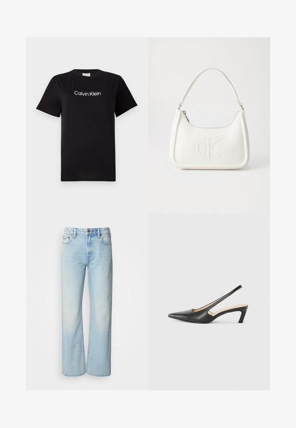 Black cotton t-shirt with short sleeves, featuring a white logo "Calvin Klein" printed across the chest. Classic crew neck design.; Light blue wide-leg jeans made of denim, featuring a classic five-pocket design and a subtle faded texture. Denim stitching is visible.; Black pointy-toed slingback shoe with a low heel, featuring smooth leather material and cut-out design on the side for breathability.; White leather handbag with a curved shape, featuring an embossed "CK" logo on the front and a single shoulder strap. Zipper closure at top.