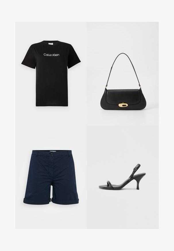 Svart bomull T-skjorte med korte ermer, med et hvitt logo "Calvin Klein" trykket over brystet. Klassisk design med rund hals.; Mørkeblå shorts laget av bomull, med rullet kant, knappelukking og flat frontdesign uten synlige mønstre eller detaljer.; Sorte skinnhøye hæler med en slank, buet hæl og et kryssrem-design. Justerbar ankelrem. Glatt tekstur.; Svart lærveske med en buet design, gullfarget hardware og et håndtak på toppen. Har en elegant lukking og glatt tekstur.