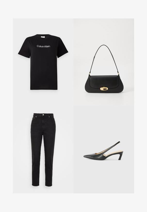 Tricou din bumbac negru cu mâneci scurte, având un logo alb "Calvin Klein" imprimat pe piept. Design clasic cu gât rotund.; Jeans negri cu talie înaltă, slim-fit, cu nasture în față, urechi pentru curea și design cu cinci buzunare pe fundal alb.; Pantof cu toc mic, cu vârf ascuțit și slingback, realizat din piele netedă, având un design decupat pe lateral pentru respirabilitate.; Geantă de mână din piele neagră, cu un design curbat, accesorii de culoare aurie și un mâner de sus. Dispune de o închidere elegantă și o textură netedă.