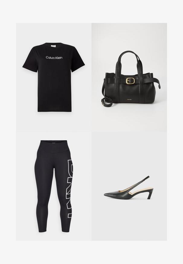 Sort bomulds T-shirt med korte ærmer, med et hvidt logo "Calvin Klein" trykt på brystet. Klassisk runde halsdesign.; Sorte leggings lavet af strækbart stof med høj talje. Har et stort hvidt logo trykt lodret på venstre ben. Glat tekstur.; Sorte spidse slingback-sko med en lav hæl, lavet af glat læder og med udskæringer på siden for åndbarhed.; Sort læderhåndtaske med et struktureret design, dobbelte toppegreb, guldtonet spændeaccents og præget logo på forsiden.