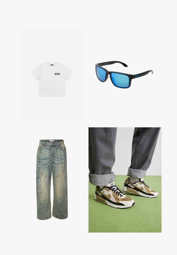 Hvid bomulds T-shirt med rund halsudskæring, korte ærmer og et lille sort logo trykt på venstre bryst. Blød, simpel tekstur.; Lyseblå vide jeans med høj talje, der har buede sømdetaljer og afsluttede kanter. Lavet af denim med falmede pletter.; Nike Air Max 90 sneakers i beige og sort, med mesh- og lædermaterialer, synlig polstring og sorte snørebånd.; Stilfulde sorte solbriller med blå spejlglas, firkantede stel og blå detaljer på templet. Fremstillet af letvægts plastmateriale.