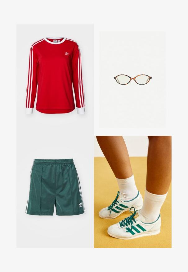 Punainen pitkähihainen paita, joka on valmistettu puuvillasta ja jossa on valkoiset raidat olkapäillä sekä pyöreä pääntie. Paidassa on pieni valkoinen logo rinnassa.; Vihreät urheilushortsit, jotka on valmistettu sileästä kankaasta. Niissä on joustava vyötärö, sivuraidat ja pieni valkoinen logo alas jalassa.; Valkoiset tennarit, joissa on vihreät raidat ja nauhat, joissa on tekstuurinen varvasosa ja pehmustettu kaulus, yhdistettyinä valkoisiin nilkkasukkiin keltaisella pinnalla.; Kilpikonnakuosiset silmälasit, joissa on soikeat linssit ja tyylikäs, sileä pinta. Ominaisuudet: ohuet sivut, joissa on hienovarainen kaari temppeleissä. Kirkkaat linssit.