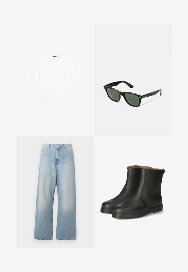 Witte katoenen t-shirt met korte mouwen, ronde halslijn en recht gesneden. Gladde textuur zonder zichtbare patronen of accenten.; Lichtblauwe wijde jeans van denim, met een hoge taille, voorzakken en een vervaagde wasbeurt met subtiele slijtageplekken op de dijen.; Jomos Snowboots - schwarz; Zwarte plastic zonnebril met groene lenzen, vierkante montuur, zilveren accent op de wenkbrauw en een gestructureerde tempel. Merken vermeld op de binnenkant van de arm.