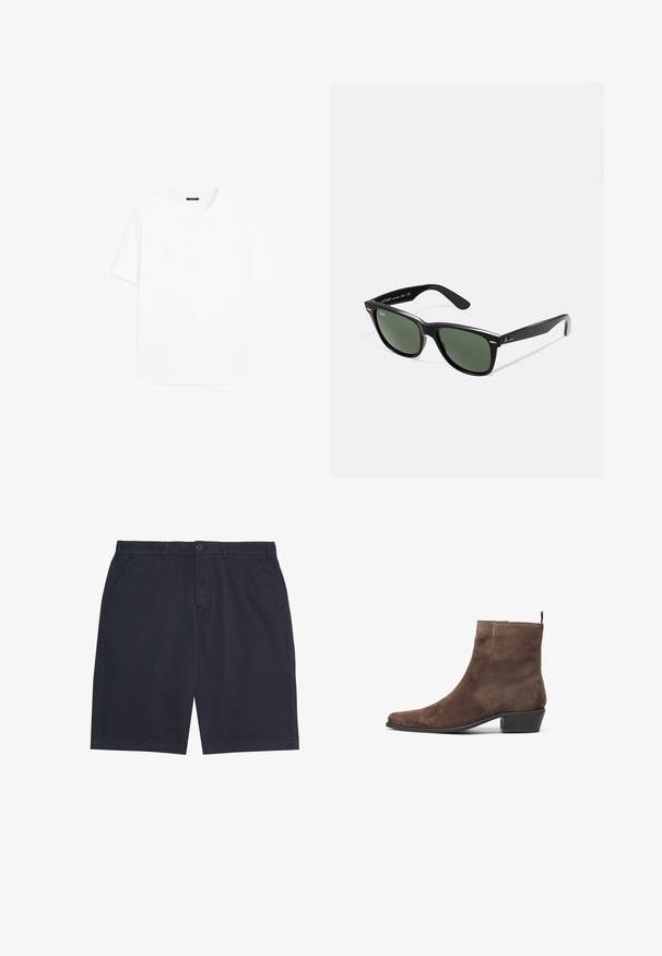 Witte katoenen t-shirt met korte mouwen, ronde halslijn en recht gesneden. Gladde textuur zonder zichtbare patronen of accenten.; Donkerblauwe heren casual korte broek met knoopsluiting, riemlussen en zijzakken, plat gelegd op een witte achtergrond.; Bruine suède enkelboot met een spitse neus, een lage blokhak en een lus aan de achterkant voor gemakkelijk aan- en uittrekken. Gladde textuur en eenvoudig ontwerp.; Zwarte plastic zonnebril met groene lenzen, vierkante montuur, zilveren accent op de wenkbrauw en een gestructureerde tempel. Merken vermeld op de binnenkant van de arm.