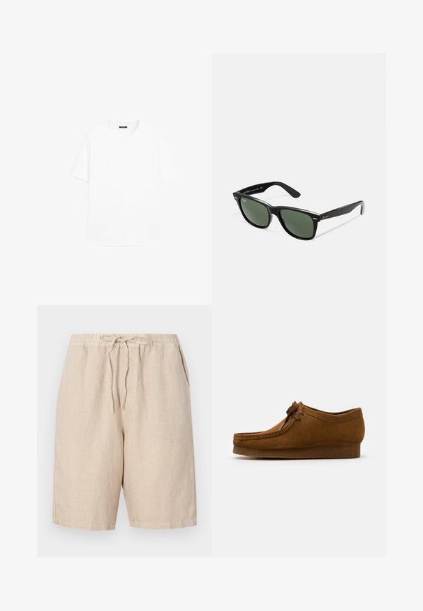 Witte katoenen t-shirt met korte mouwen, ronde halslijn en recht gesneden. Gladde textuur zonder zichtbare patronen of accenten.; Linnen shorts in een lichtbeige kleur met een elastische tailleband, verstelbaar trekkoord en zijzakken. Gladde textuur met een relaxte pasvorm.; Bruine suède schoen met een ronde neus en een lage hak, gedetailleerde stiksels langs de naden en een vetersluiting aan de voorkant. Zachte textuur met een gestroomlijnd ontwerp.; Zwarte plastic zonnebril met groene lenzen, vierkante montuur, zilveren accent op de wenkbrauw en een gestructureerde tempel. Merken vermeld op de binnenkant van de arm.