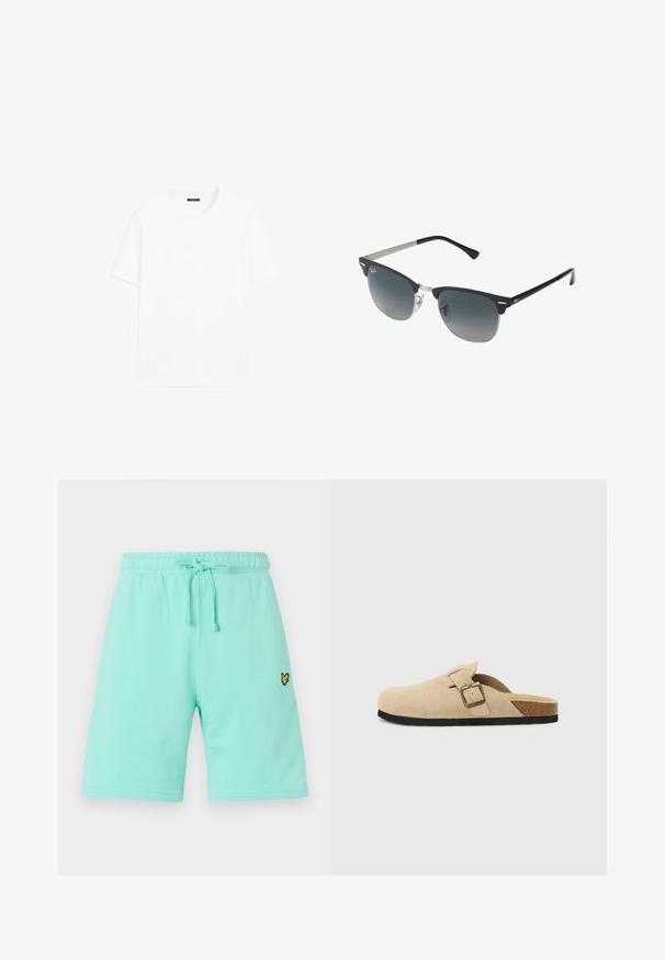Vit bomull t-shirt med kort ärm, rund halsringning och rak skärning. Slät textur utan synliga mönster eller detaljer.; Ljust mintgröna bomullsshorts med elastisk midja och justerbar dragsko, med en liten svart och gul logotyp på framsidan.; Beiga mockasiner i mocka med korkfot, rund tå och en enkel rem med ett spänne i guldton. Gummisula för bra grepp.; Svarta och silverfärgade solglasögon med kattögaform, gradientlinser och metalliska detaljer på ramen. Plastbågar med gråa tippar.