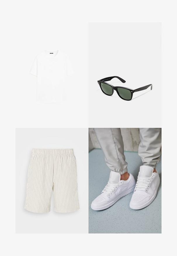 Witte katoenen t-shirt met korte mouwen, ronde halslijn en recht gesneden. Gladde textuur zonder zichtbare patronen of accenten.; Gestreepte shorts van een lichtgewicht, ademend materiaal. De kleur is gebroken wit met dunne, verticale grijze strepen. Elastische tailleband.; Witte leren sneakers met een geperforeerde neus, platte veters, een gepolsterde kraag en het Jordan-logo op de tong. Gediend met grijze joggers.; Zwarte plastic zonnebril met groene lenzen, vierkante montuur, zilveren accent op de wenkbrauw en een gestructureerde tempel. Merken vermeld op de binnenkant van de arm.