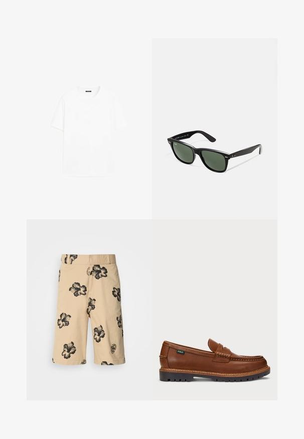 Weißes Baumwoll-T-Shirt mit kurzen Ärmeln, rundem Ausschnitt und geradem Schnitt. Glatte Textur ohne sichtbare Muster oder Akzente.; Beige Shorts mit schwarzem Hibiskus-Blumenmuster. Mit elastischem Bund und einem Logodetail an der unteren Seite. Aus leichtem Stoff gefertigt.; Braune Leder Slipper mit dekorativer Naht und strukturiertem Zehenbereich. Die Sohle hat ein robustes Design, das Traktion und Langlebigkeit bietet.; Schwarze Plastiksonnenbrille mit grünen Gläsern, quadratischen Rahmen, silbernem Akzent auf der Augenbraue und strukturierten Bügeln. Angegebene Marke auf dem inneren Bügel.