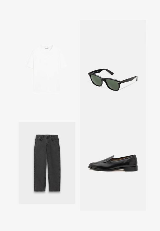 T-shirt bianco in cotone con maniche corte, scollatura tonda e linea dritta. Texture liscia senza motivi o dettagli visibili.; Jeans neri a gamba dritta con cinque tasche, chiusura con bottone e cuciture visibili, stesi su uno sfondo neutro.; Mocassini in pelle nera con finitura liscia, punta arrotondata, tacco basso e fessure laterali per un facile indossamento. Presentano un discreto logo sulla parte anteriore.; Occhiali da sole in plastica nera con lenti verdi, montatura quadrata, dettaglio argento sulla parte superiore e steli con texture. Marchio indicato sulla parte interna dello stelo.