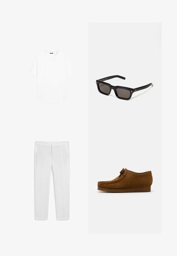 Witte katoenen t-shirt met korte mouwen, ronde halslijn en recht gesneden. Gladde textuur zonder zichtbare patronen of accenten.; Witte linnen broek met een rechte snit, voorzien van twee zijzakken en een knoopsluiting. Soepele textuur, zonder zichtbare patronen of accenten.; Bruine suède schoen met een ronde neus en een lage hak, gedetailleerde stiksels langs de naden en een vetersluiting aan de voorkant. Zachte textuur met een gestroomlijnd ontwerp.; Zwarte rechthoekige zonnebril met donkere lenzen, een dik plastic montuur, gouden accenten op de veren en het merkembleem gegraveerd op de arm.