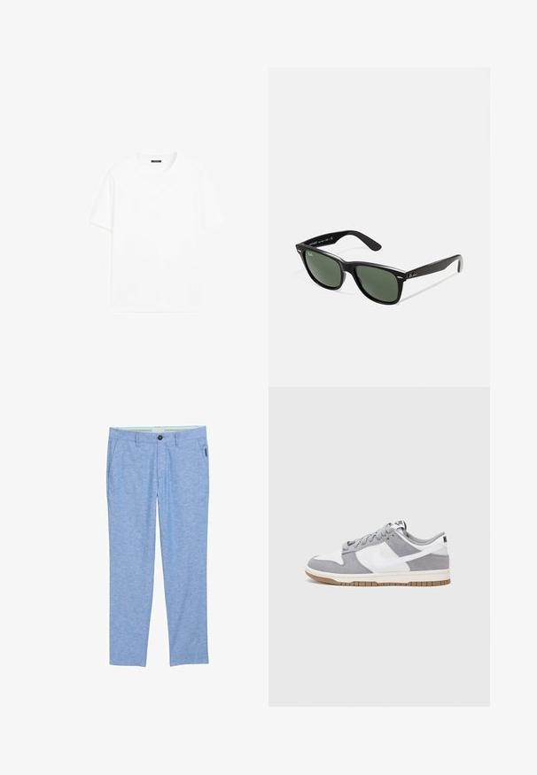 Weißes Baumwoll-T-Shirt mit kurzen Ärmeln, rundem Ausschnitt und geradem Schnitt. Glatte Textur ohne sichtbare Muster oder Akzente.; Hellblaue, strukturierte Chinos aus einem Stoff mit subtilen Melange-Muster. Mit frontalen Taschen, einer einzelnen Gesäßtasche und einem Knopfverschluss.; Graue und weiße Sneaker mit einem Obermaterial aus Wildleder und Leder, abgerundeter Spitze, flachen Schnürsenkeln und einer Gummisohle mit einem Kautschukakzent.; Schwarze Plastiksonnenbrille mit grünen Gläsern, quadratischen Rahmen, silbernem Akzent auf der Augenbraue und strukturierten Bügeln. Angegebene Marke auf dem inneren Bügel.