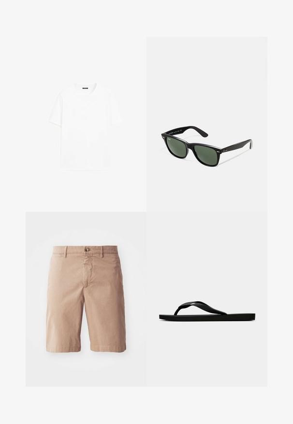 Hvid bomulds t-shirt med korte ærmer, rund halsudskæring og lige pasform. Glat tekstur uden synlige mønstre eller detaljer.; Beige bomulds-short med lige ben-design, der har en frontlukning med knap og bæltestropper. Glat tekstur med minimal syning.; Sorte gummiflip-flopsandaler med en tekstureret rem og simpel flad sål, vist fra siden på en lys ensfarvet baggrund.; Sorte plastiksolkaber med grønne linser, firkantede stel, sølvaccent på brynene og teksturerede templede arme. Angivet mærke på den indre arm.