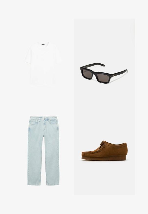Vit bomull t-shirt med kort ärm, rund halsringning och rak skärning. Slät textur utan synliga mönster eller detaljer.; Ljust blå denimjeans med avslappnad passform, raka ben, fem fickor och en metallknappsstängning vid midjan.; Bruna mockaskor med rund tå och låg klack, detaljerad sömnad längs sömmarna och snörning framtill. Mjuk textur med strömlinjeformat design.; Svarta rektangulära solglasögon med mörka linser, tjock plastbåge, guldfinish på skalmarna och varumärkeslogotyp graverad på armen.