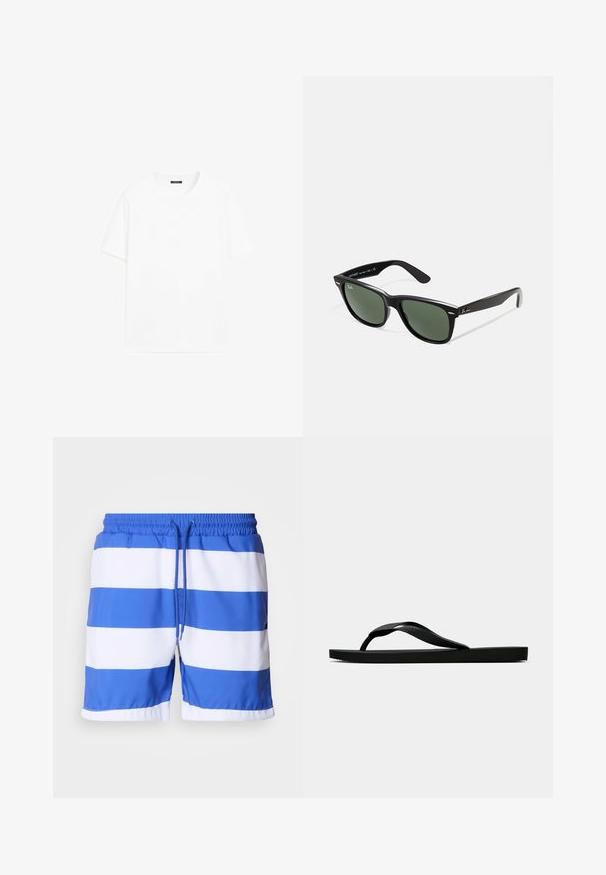 T-shirt bianco in cotone con maniche corte, scollatura tonda e linea dritta. Texture liscia senza motivi o dettagli visibili.; Pantaloni da bagno blu e bianchi a righe, realizzati in tessuto leggero, con una vita elastica e un cordoncino regolabile, caratterizzati da una superficie liscia.; Infradito in gomma nera con cinturino testurizzato e suola piatta semplice, mostrati di lato su uno sfondo chiaro e uniforme.; Occhiali da sole in plastica nera con lenti verdi, montatura quadrata, dettaglio argento sulla parte superiore e steli con texture. Marchio indicato sulla parte interna dello stelo.