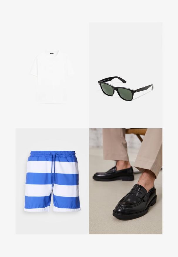 Bílá bavlněná tričko s krátkými rukávy, kulatým výstřihem a rovný střih. Hladká textura bez viditelných vzorů nebo akcentů.; Modré a bílé pruhované plavky vyrobené z lehkého materiálu, s elastickým pasem a šňůrkou, mají hladkou texturu.; Černé kožené loafers s hladkým povrchem, zdobené páskem a kontrastním prošíváním, spárované s béžovými kalhotami.; Černé plastové sluneční brýle se zelenými skly, čtvercové obroučky, stříbrný detail na obočí a texturované stranice. Značka uvedená na vnitřní straně stranic.