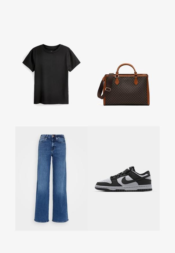Črna bombažna majica s kratkimi rokavi, okroglim izrezom in rebrasto teksturo. Brez vzorcev ali dodatkov; standardnega ravnega kroja.; Svetlo modri visokotlačni traper hlače širokih nogavic, z gumbom in zadrgo, ter sprednjimi in zadnjimi žepi, na enostavni svetlo sivi podlagi.; Črne in sivo Nike Dunk nizke superge z perforiranim prstom, gladkimi usnjenimi detajli in gumijastim podplatom z teksturiranim vzorcem.; Rjava torbica z vzorcem in usnjenimi detajli, z dvojno ročico in odstranljivim trakom. Ima zadrgo in strukturirano obliko.