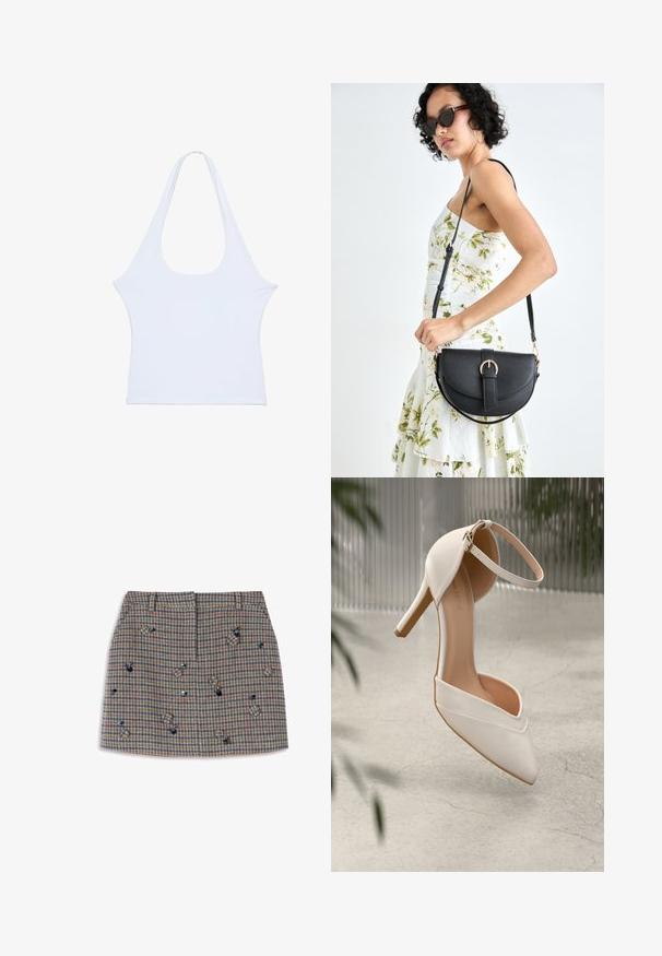 Haut sans manches blanc, fabriqué en matériau doux, avec un col rond ample, d'une simplicité générale. Pas de motifs ou décorations marquants, texture lisse.; Jupe mini en laine à carreaux dans des tons de marron, bleu et vert, ornée de sequins décoratifs et d'une silhouette structurée. Deux poches avant.; Chaussure à talons hauts blanche en matériau lisse, avec un bout pointu et une sangle autour de la cheville. Présente un intérieur beige clair et des accents en matériel doré.; Sac à main en cuir noir avec une forme courbée, bandoulière amovible et des accessoires en or. Le sac est doté d'un rabat avec un détail de boucle.