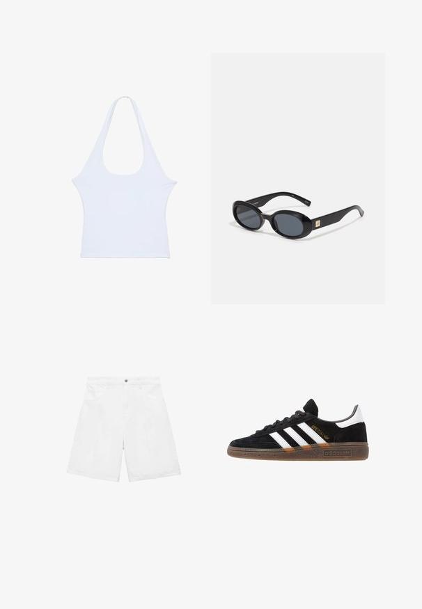 Vit ärmlös topp i mjukt material med en bred rund halsringning och en minimalistisk design. Ingen framträdande mönster eller dekoration, med en jämn struktur.; Vita denimshorts med rak passform, som har två framfickor, en knappstängning och subtila sömdetaljer.; Svarta Adidas-sneakers med vita ränder, guld "Spezial" text, gummisulor och vit hälflik, visade i profilvy.; Svarta ovala solglasögon med mörka linser, blank plastbåge, breda skaft och en liten guldkant på en sida.; Röd läderaxelväska med en rundad design, slät yta och dragkedjestängning. Den har ett tunt handtag för bärande.