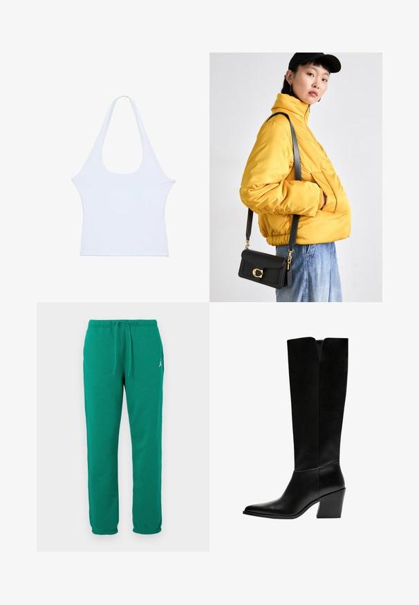 Biela bezrukávová blúzka vyrobená z mäkkého materiálu s voľným okrúhlym výstrihom, celkový dizajn je jednoduchý. Bez výrazných vzorov alebo dekorácií, hladká textúra.; Zelené tepláky vyrobené z pleteniny bavlny, s elastickým pásom na šnúrku a bočnou vreckom. Klasický strih s rovnými nohavicami.; Čierne vysoké čižmy vyrobené z hladkej kože, s ostrou špičkou, blokovým podpätkom a V-čkovým výrezom na vrchu.; Žltá prešívaná bunda s vysokým golierom a prednou vreckom, doplnená čiernou crossbody taškou so zlatým príslušenstvom. Neformálne džínsové nohavice.