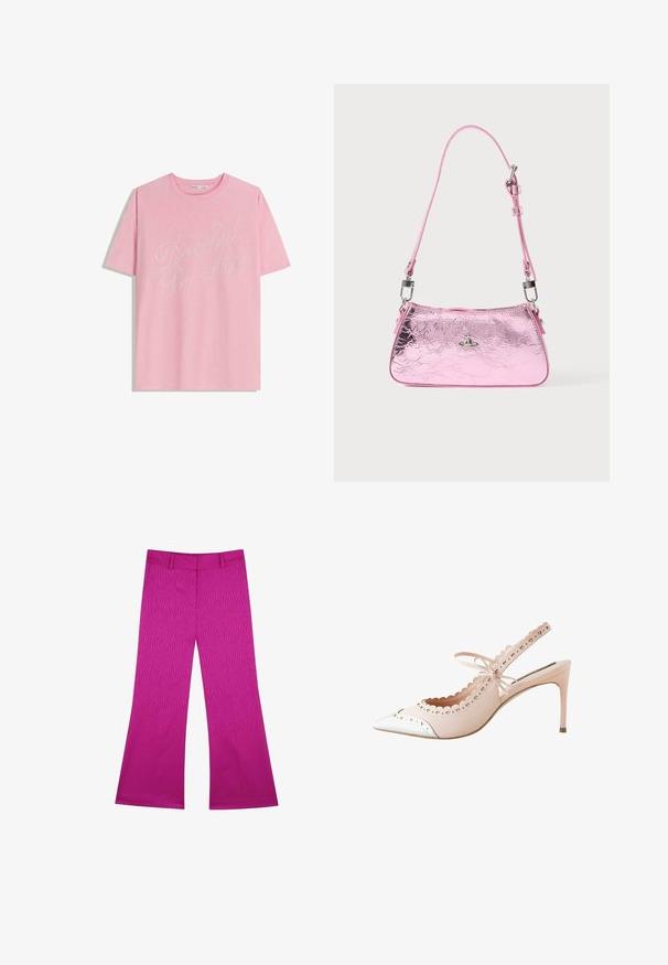 T-shirt in cotone rosa con maniche corte, caratterizzato da un design decorativo di cristalli che recita "Dancing By Me" in corsivo. Collo arrotondato.; Pantaloni a campana rosa con un motivo a onde testurizzato, dotati di una cintura e senza hardware visibile. Il tessuto sembra liscio ed elastico.; Slingback in un rosa pallido con punta affilata e copertura bianca. Presenta un bordo scallop e un dettaglio a fiocco sulla cinghia della caviglia. Alto tacco a stiletto.; Borsa a mano metallizzata rosa con una texture arricciata, una tracolla regolabile e accessori color argento. Presenta un piccolo emblema sul davanti.