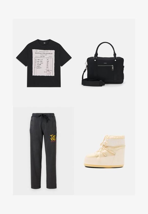Čierne bavlnené tričko s grafikou výstrižku, na ktorom sú ručne písané poznámky uvádzajúce podrobnosti položky a ceny v kontrastnej farbe.; Tmavohnedé tepláky s elastickým pásom a šnúrkou na stiahnutie. Obsahujú postranné vrecká a viacfarebnú grafiku na ľavom stehne.; Svetlosandálové Mesiacové čižmy s okrúhlou špičkou, šnúrkovým uzáverom a textúrovanou gumovou podrážkou. Obsahuje biele logo a hladké syntetické materiály.; Čierna syntetická taška cez rameno s dvoma rúčkami, odnímateľným ramenným popruhom, prednou vreckom na zips a striebornými kovovými akcentmi.