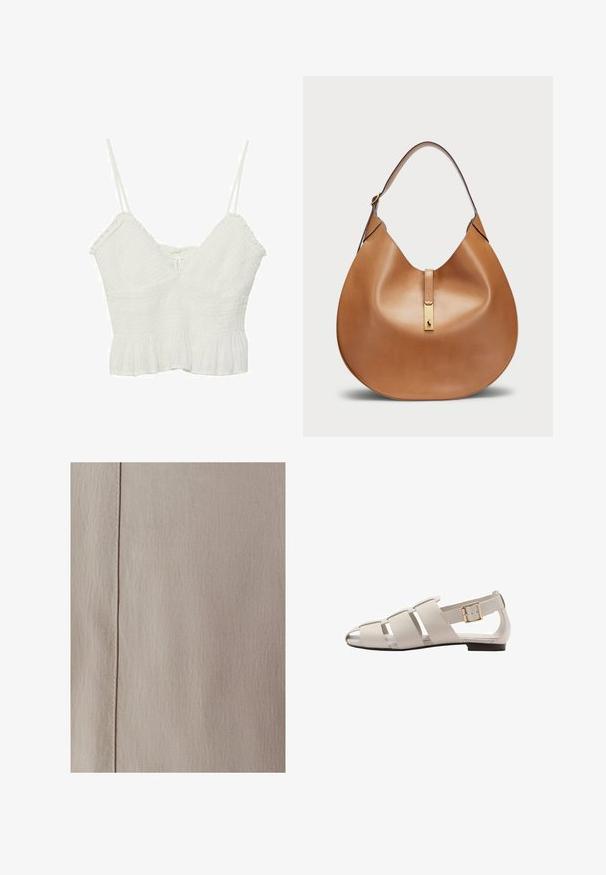 Bela kratka majica z dolgimi nastavljivimi naramnicami, teksturirana tkanina, z obliko v-vratu in okrasnim robom. Preprost dizajn z lahkotnim videzom.; Bežasta teksturirana tkanina koja prikazuje dijagonalni uzorak tkanja s šavom koji se uspravno proteže duž ruba. Materijal izgleda mekano i suptilno.; Mango Sandali - beige; Torbica iz svetlo rjave usnjene oblike s širokim ramenskim trakom. Ima zlatni kovinski poudarek na sredini in gladko teksturo.