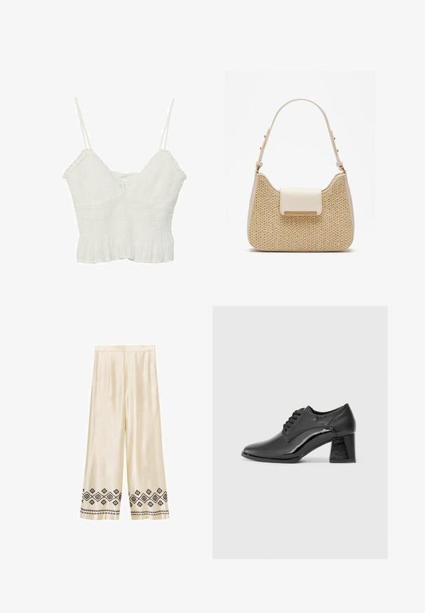 Biała krótka bluzka z cienkimi regulowanymi ramiączkami, teksturowanym materiałem, dekoltem w kształcie litery V i falbaniastym wykończeniem. Prosty fason o lekkim wyglądzie.; Kremowe satynowe spodnie o szerokich nogawkach z czarnymi haftowanymi geometrycznymi wzorami wzdłuż dołu. Charakteryzują się gładką teksturą i dopasowanym krojem.; Czarne lakierowane buty na płaskiej podeszwie z zaokrąglonym noskiem, sznurowane, z masywnym prostokątnym obcasem. Gładka tekstura z błyszczącym wykończeniem.; Beżowa torebka z plecionym, teksturowanym korpusem, gładką kremową klapą i krótkim paskiem. Złote wykończenia dodają szczegółu do projektu.