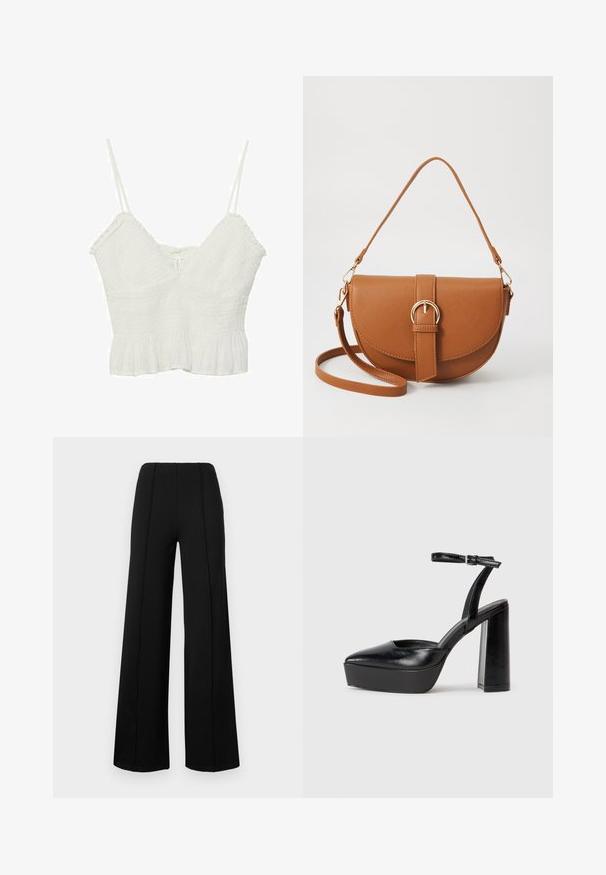 Bílý zkrácený top s tenkými nastavitelnými ramínky, texturovanou látkou, výstřihem do V a volánkovým lemem. Jednoduchý design s lehkým vzhledem.; Černé široké kalhoty s hladkou texturou, vybavené dvěma svislými švy vpředu a elastickým pasem.; Černé platformové podpatky s špičatou špičkou a nastavitelným kotníkovým popruhem. Vyrobeny z hladké kůže, s masivním blokovým podpatkem.; Hnědá kožená křížová taška s zakřiveným tvarem, zlatými detaily a akcentem s přezkou. Obsahuje odnímatelný popruh na rameno.