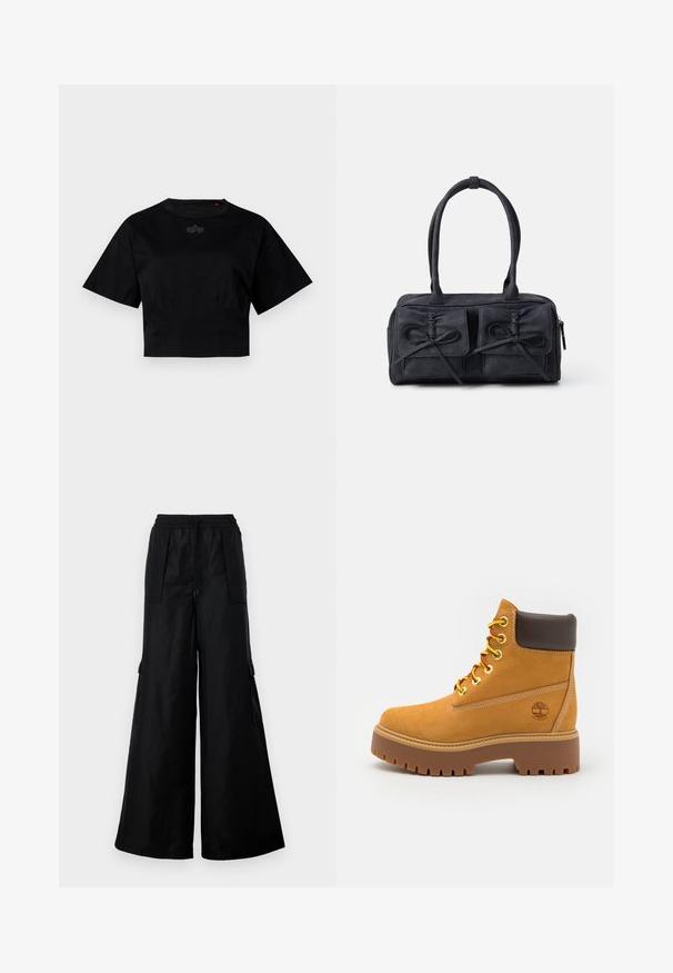 Mustat lyhythihaiset puuvillapaidat, joissa on pyöreä kaula-aukko. Paidassa on hienovarainen logopainatus rinnassa.; Mustat leveät cargo-housut, jotka on valmistettu sileästä ja kevyestä kankaasta. Ominaisuuksiin kuuluvat elastinen vyötärö, kiristysnauha ja sivutaskut.; Tan waterproof ankle boot with a sturdy rubber sole, round toe, brown leather collar, yellow laces, and a logo on the side.; Musta kangaskassi, jossa on kaksi etupocketsia, joissa on nauhat yksityiskohtina, kaksinkertaiset kahvat ja vetoketjukiinnitys. Pehmeä rakenne ja suorakulmainen muoto.