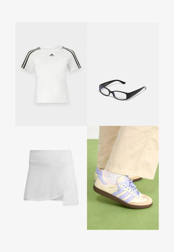 Baltas trumpas rankovės sportinis marškinėlis su juodu trijų juostelių dizainu ant pečių, lygia tekstūra ir mažu juodu adidas logotipu ant krūtinės.; Balta sportinė sijonklostė pagaminta iš tekstūruoto, kvėpuojančio audinio. Sijonas akcentuoja apgaubimo dizainą, turi lygų juosmenį ir platėjančią formą, užtikrinančią judėjimo laisvę.; Kreminės ir levandų spalvos sportbačiai su trims juostelėmis ir tekstūruota ruda padais, su raišteliais ir paminkštintu kulnu. Minkšta medžiaginė viršutinė dalis.; Juodi stačiakampiai akinių rėmeliai su skaidriais lęšiais. Blizgus paviršius, siauri šonai ir purpurinis atspalvis, matomas lęšių pakraščiuose.