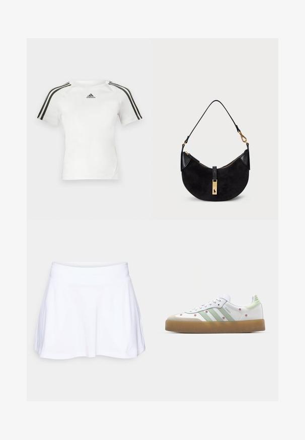 Camiseta atlética de manga corta blanca con diseño de tres rayas negras en los hombros, textura suave y un pequeño logo de adidas en negro en el pecho.; adidas Performance CLUB SKIRT POCKET - Falda de deporte - white; Zapatilla blanca con detalles verdes, tres franjas, bordados florales y una suela de goma. Presenta una punta redondeada y un diseño de cordones.; Bolso negro con forma curva, hecho de ante y cuero, con cremallera de tono dorado y detalle de logo. Incluye un asa corta.