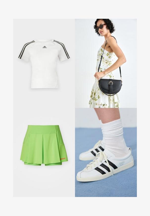 Valge lühikeste varrukatega sportlik särk, millel on must kolmerealine disain õlgadel, sile tekstuur ja väike must adidas'i logo rinnal.; Roheline tenniseseelik, millel on plekitud disain, valmistatud kergest kangast. Omab integreeritud lühikesi pükse ja punast logo paremas alakulmas.; Valge nahast spordijalatsid mustade triipudega, kreemjasel tallal ja heledate paelatega. Kandmine valgete ribadega sokkidega, paigutatud sinise taustaga.; Mustmust mustraha kõverate joontega, eemaldatava rihmaga ja kuldsete detailidega. Kotil on klapp, millel on pandladetail.