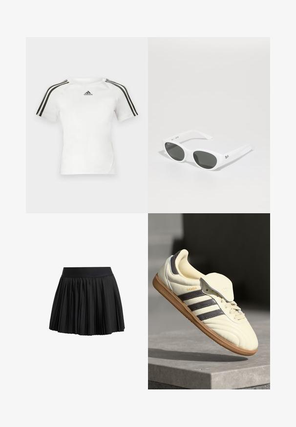 Valkoinen lyhythihainen urheilupaita, jossa musta kolmi-nauha design olkapäillä, sileä pinta ja pieni musta adidas-logo rinnassa.; Mustassa laskostetussa hameessa on joustava vyötärö, siinä on teksturoitu kangas ja kerroksellinen muotoilu, joka luo volyymiä helmaan.; Kreemivärvi nahast tennisekad, millel on kolm tumedat triipu, pruun kummist tald ja ümar varvas. Omab volditavat keelt, millel on silt "SAMBA."; Valkoiset aurinkolasit pyöreillä kehysmuodoilla ja tummilla linsseillä. Ominaisuudet sileä muovinen pinta ja pieni logo varressa.
