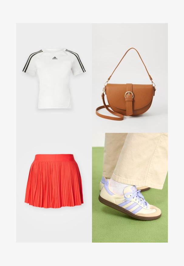 Valkoinen lyhythihainen urheilupaita, jossa musta kolmi-nauha design olkapäillä, sileä pinta ja pieni musta adidas-logo rinnassa.; Punainen pleated-hame leveällä vyötäröosalla, valmistettu kevyestä kankaasta. Ominaisuuksiin kuuluu pystysuorat poimut, jotka ulottuvat koko vaatteeseen.; Kermasilta ja laventelilta näyttävät lenkkarit kolmella raidalla ja teksturoidulla ruskealla pohjalla, varustettuna nauhoilla ja pehmustetulla kantapäällä. Pehmeä kangaspinta.; Ruskean nahkainen olkalaukku, jossa on kaareva muoto, kultaiset yksityiskohdat ja solkiyksityiskohta. Varustettu irrotettavalla olkahihnalla.
