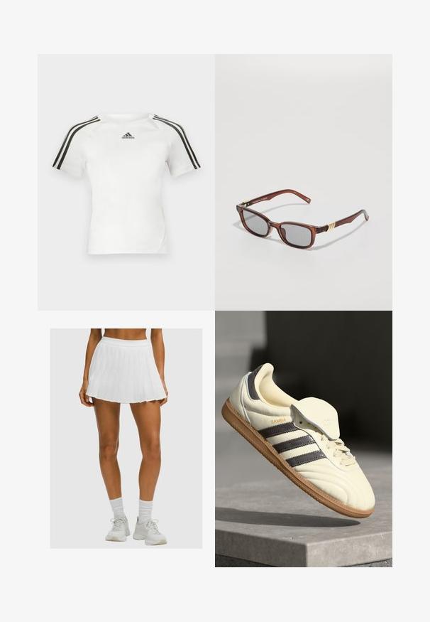 Camiseta atlética de manga corta blanca con diseño de tres rayas negras en los hombros, textura suave y un pequeño logo de adidas en negro en el pecho.; Piernas bronceadas que llevan una falda de tenis blanca con pliegues, calcetas blancas y zapatillas deportivas blancas, contra un fondo simple.; Zapatilla de cuero crema con tres rayas oscuras, suela de goma marrón y punta redondeada. Cuenta con una lengüeta plegable etiquetada como "SAMBA".; Gafas de sol rectangulares marrones con lentes grises. Presentan un acento dorado en la bisagra. Hechas de plástico con un acabado brillante.; Bolso de piel negra con forma curva, correa desmontable y herrajes dorados. El bolso cuenta con una solapa con un detalle de hebilla.