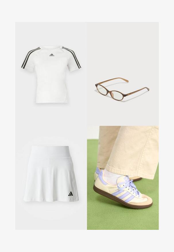 Hvit kortermet treningstrøye med svart tre-stripes design på skuldrene, glatt tekstur, og en liten svart adidas-logo på brystet.; Hvit idrettsskjørt med en myk tekstur, flagrende design og svart Adidas-logo på nederste venstre hjørne. Jevn, elastisk midjebånd.; Kremfargede og lavendelfargede joggesko med tre striper og en teksturert brun såle, med lisser og en polstret hæl. Mykt stofføvre.; Brune skjellbriller med ovale linser, tynne stenger og gjennomsiktige detaljer. Har en subtil logo på stangen. Elegant, lett design.