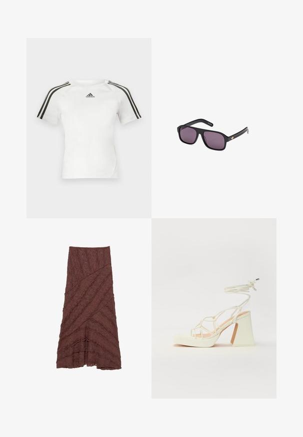 Hvid kortærmet atletisk skjorte med sort tre-stribe design på skuldrene, glat tekstur, og et lille sort adidas logo på brystet.; Brun tekstureret nederdel med et lagdelt, bølget design og diagonale mønstre, der har volangdetaljer langs kanterne og en udvidet silhuet.; Hvide højhælede sandaler med en kraftig hæl, der har et stropdesign og ankelbinding. Glat tekstur med en platform foran for ekstra højde.; Sorte solbriller med firkantet stel, mørke linser og et guld-logo på armen. Glat plastmateriale med mat finish.; Sort læderhåndtaske med en buet form, aftagelig rem og guldfinish. Tasken har en klap med en spænde detalje.
