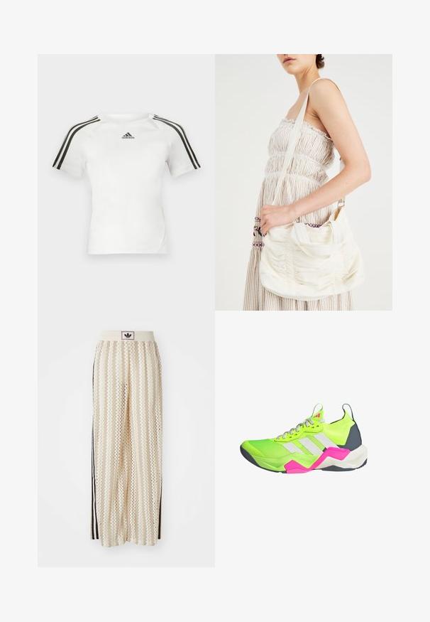 Biała sportowa koszulka z krótkim rękawem z czarnym wzorem trzech pasków na ramionach, gładka faktura i małe czarne logo adidas na piersi.; Kremowe szerokie spodnie w stylu palazzo z wzorem w zygzak, z czarnym paskiem z logo oraz bocznymi czarnymi paskami. Lekki, teksturowany materiał.; Neon zielony but sportowy z szarymi akcentami, trzema białymi paskami i różowymi detalami. Posiada teksturowaną cholewkę i amortyzowaną podeszwę.; Biała torba na ramię z tkaniny o marszczonej fakturze, regulowanym pasku i srebrnymi elementami. Wyeksponowana obok kremowej sukienki.