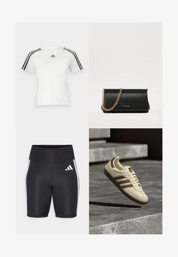 Valkoinen lyhythihainen urheilupaita, jossa musta kolmi-nauha design olkapäillä, sileä pinta ja pieni musta adidas-logo rinnassa.; Musta urheilu shortsit, joissa on korkea vyötärö, valkoiset sivuraidat ja pieni valkoinen logo. Sileä kangas ja slim fit -muotoilu.; Kermanvärinen tennari, jossa ruskeat yksityiskohdat, teksturoidut sivuraitat ja sileä nahkapinta. Mallissa on nauhakiinnitys ja kumipohja.; Musta nahkainen clutch-laukku, jossa on kultaketju, sileä pinta, suorakulmainen muoto ja kohokuvioitu brändimerkintä edessä.