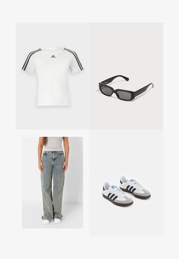 Maglietta atletica bianca a maniche corte con design a tre strisce nere sulle spalle, texture liscia e piccolo logo adidas nero sul petto.; Jeans a gamba larga di un azzurro chiaro, realizzati in denim, con vita alta, lavaggio sbiadito e cuciture a contrasto. Abbinati a sneakers bianche.; Scarpe sportive con tomaia in pelle bianca, punta in suede grigia e tre strisce nere. Presentano un logo blu sulla linguetta e una suola in gomma testurizzata.; Occhiali da sole rettangolari neri con lenti grigie, realizzati in plastica liscia. Presentano un design minimalista con steli dritti e un branding discreto.; Borsa in ecopelle color tan con due manici, tracolla removibile, cuciture nere a contrasto e un piccolo logo nero sul davanti.