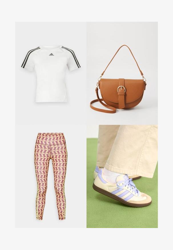 Baltas trumpas rankovės sportinis marškinėlis su juodu trijų juostelių dizainu ant pečių, lygia tekstūra ir mažu juodu adidas logotipu ant krūtinės.; Legginai su raštuotais geltonais raštais ant bordo fono, su žaliomis šoninėmis juostelėmis ir aukšta juosmens linija.; Kreminės ir levandų spalvos sportbačiai su trims juostelėmis ir tekstūruota ruda padais, su raišteliais ir paminkštintu kulnu. Minkšta medžiaginė viršutinė dalis.; Ruda odinė kryžminė rankinė, turinti kreivą formą, auksinius metalinius elementus ir sagtį. Yra nuimama petneša.