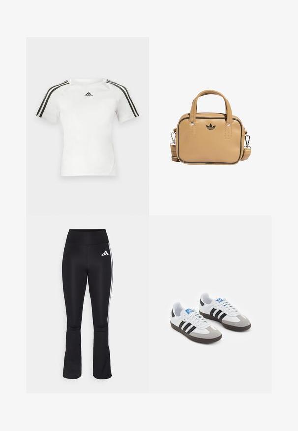 Maglietta atletica bianca a maniche corte con design a tre strisce nere sulle spalle, texture liscia e piccolo logo adidas nero sul petto.; Pantaloni sportivi neri con vita alta, design a gamba svasata e strisce bianche ai lati. Presentano il logo Adidas sulla coscia sinistra.; Scarpe sportive con tomaia in pelle bianca, punta in suede grigia e tre strisce nere. Presentano un logo blu sulla linguetta e una suola in gomma testurizzata.; Borsa in ecopelle color tan con due manici, tracolla removibile, cuciture nere a contrasto e un piccolo logo nero sul davanti.