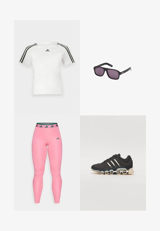 Witte sport shirt met korte mouwen, voorzien van een zwart driekleurig ontwerp op de schouders, een gladde textuur en een klein zwart adidas-logo op de borst.; Roze leggings van soepel, rekbaar materiaal. Voorzien van een zwart en groene patroon tailleband en subtiele branding op de bovenbeen.; Zwarte sportschoen met een gestructureerde bovenkant, drie zilveren strepen en een kenmerkende dempingszool met meerdere geïntegreerde secties.; Zwarte zonnebril met een vierkant frame, donkere lenzen en een gouden logoaccent op de arm. Gladde kunststof met een matte afwerking.
