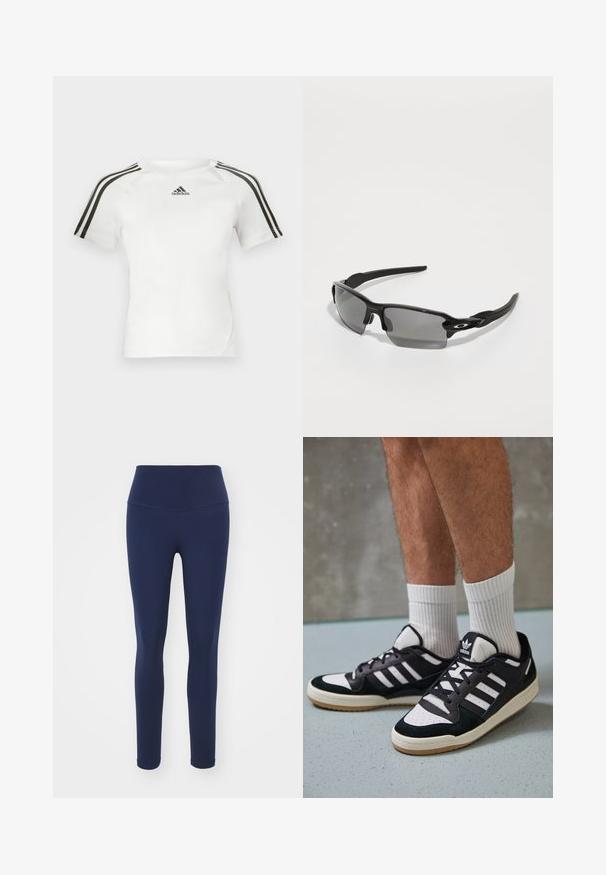 Valkoinen lyhythihainen urheilupaita, jossa musta kolmi-nauha design olkapäillä, sileä pinta ja pieni musta adidas-logo rinnassa.; Leggings tummansinistä joustavaa kangasta, joissa on korkea vyötärö, suunniteltu mukavuutta ja istuvaa siluettia varten. Sujuva pinta, ei näkyviä kuvioita.; Valkoiset ja mustat tennarit, joissa on mokkanahka- ja nahkapäällinen, kolme valkoista raitaa, rei'itetty kärki ja kumipohja.; Musta urheilulasit harmailla linsseillä, kaarevalla kehysdesignilla ja logotiedoilla sivussa. Valmistettu kevyestä muovimateriaalista.