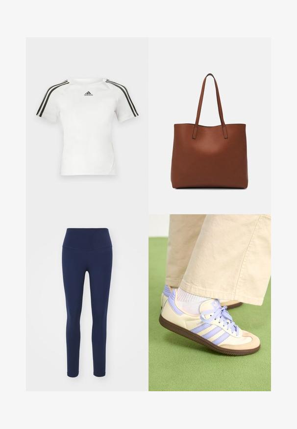 Baltas trumpas rankovės sportinis marškinėlis su juodu trijų juostelių dizainu ant pečių, lygia tekstūra ir mažu juodu adidas logotipu ant krūtinės.; Laivyno mėlynų spalvos leggingai, pagaminti iš elastingos medžiagos su aukštu liemeniu, skirti patogumui ir tinkančiai silueto formai. Lygus paviršius, be matomų raštų.; Kreminės ir levandų spalvos sportbačiai su trims juostelėmis ir tekstūruota ruda padais, su raišteliais ir paminkštintu kulnu. Minkšta medžiaginė viršutinė dalis.; Ruda odinė priekabų krepšys su glotnia tekstūra, atviru viršumi ir dviem petnešomis. Su minimalia siuvimo detalėmis ir nematoma aparatūra.