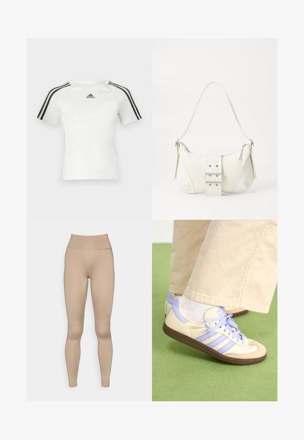 Bílý sportovní triko s krátkým rukávem, s černým třemi pruhy na ramenou, hladkou texturou a malým černým logem adidas na hrudi.; Světlé béžové legíny s vysokým pasem, vyrobené z hladkého, pružného materiálu, bez viditelných švů nebo vzorů.; Krémové a levandulové tenisky se třemi pruhy a texturovanou hnědou podrážkou, vybavené tkaničkami a polstrovanou patou. Měkký textilní svršek.; Bílá kabelka na rameno s texturovaným povrchem, centrálním akcentem v podobě spony a zakřiveným tvarem. Zipové uzávěry na obou stranách.