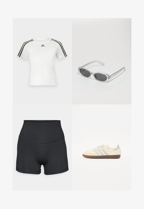 Bela kratka športna majica z črnimi tridelnimi črtami na ramenskem delu, gladka tekstura in majhen črn adidas logotip na prsih.; Črne kratke hlače visoke pasu, izdelane iz gladkega materiala. Imajo brezšivno zasnovo in ozke šive ob pasu ter na nogah.; Teniske s kremnim usnjem, svetlo modrimi črtami in breskevimi akcenti. Imajo teksturiran rjav gumijast podplat in minimalističen dizajn.; Sončna očala ovalne oblike, prozoren plastičen okvir, temno sivi leči in tanke prozorne roke z logotipnimi akcenti in minimalnimi detajli.; Bežna usnjena torbica edinstvene oblike, z dvema kratkima ročajema in dolgim nastavljivim trakom. Gladka tekstura z minimalno kovinsko opremo.